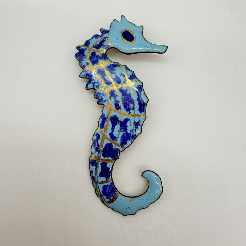 Vintage SEAHORSE Brooch Pin Hand Enamel On Copper Blue Aqua Modernist MCM